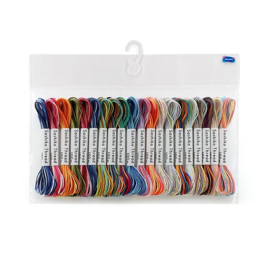 A clear plastic display case containing a variety of colorful thread spools, each with a label indicating the color.