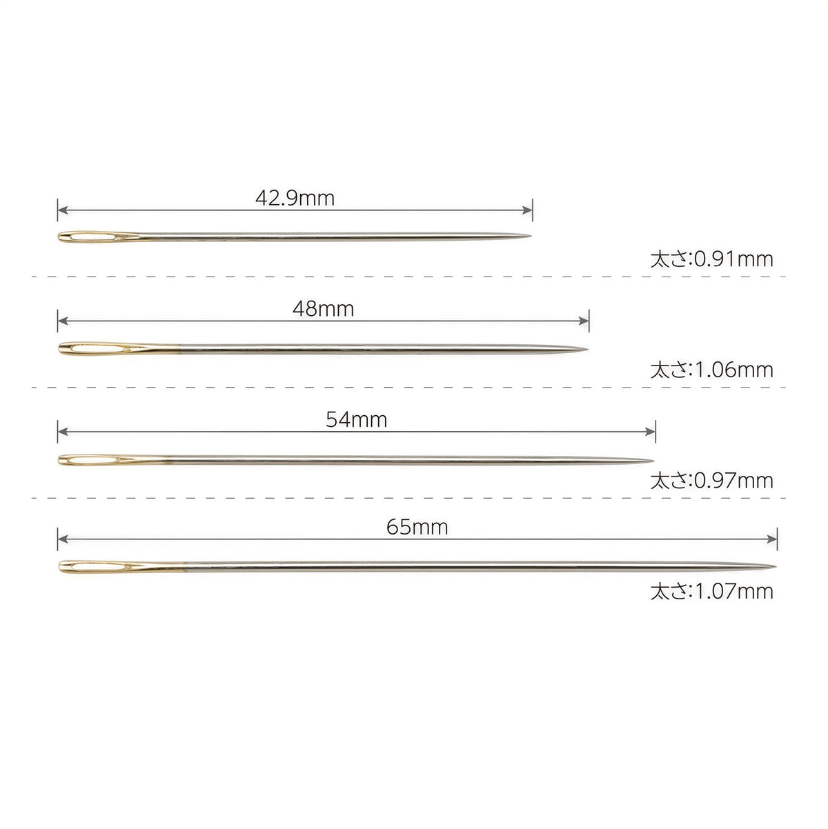a collection of different sizes of sewing needles, ranging from 42.9mm to 1.07mm in length.