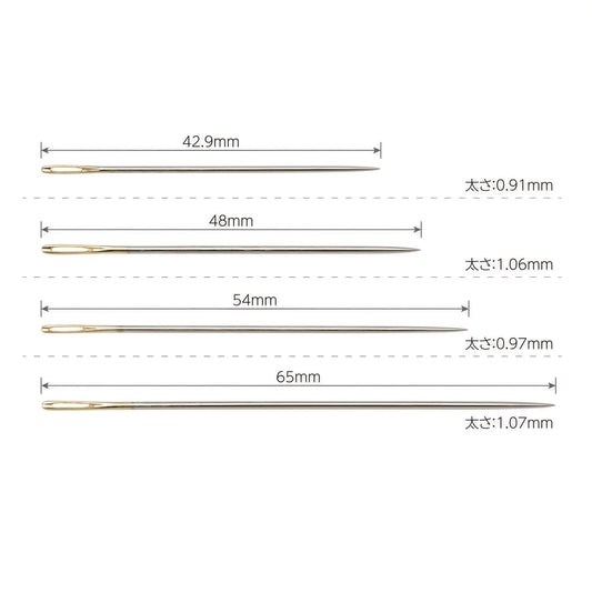 a collection of different sizes of sewing needles, ranging from 42.9mm to 1.07mm in length.
