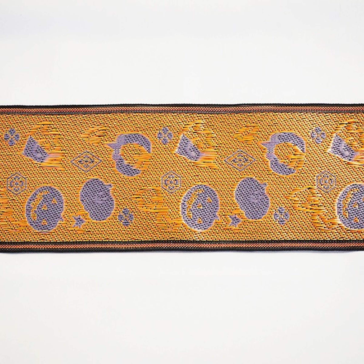 a decorative border with a repeating pattern of orange and purple circles and silhouettes.