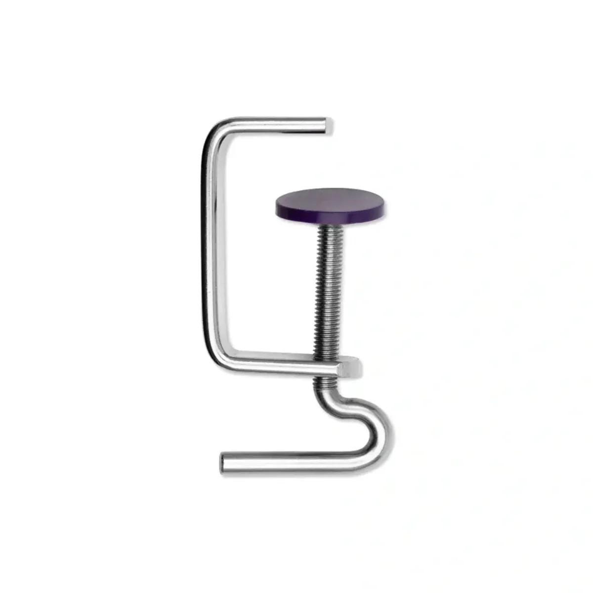 a metal hook with a purple knob on it