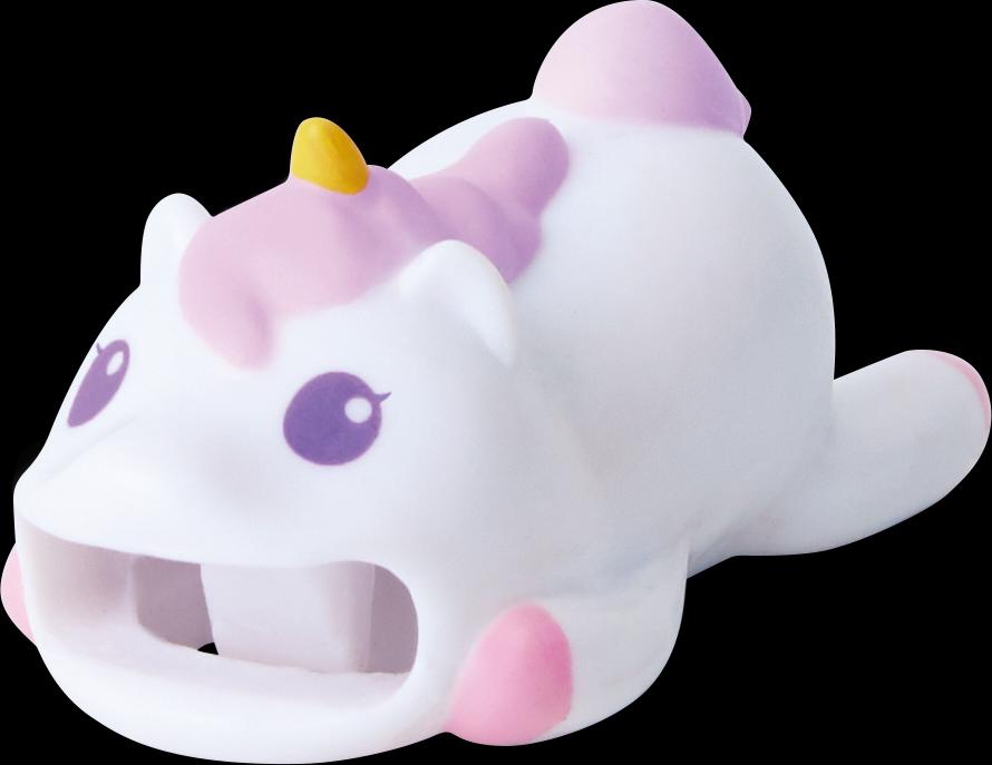 a white toy with a pink and yellow horn on it's head
