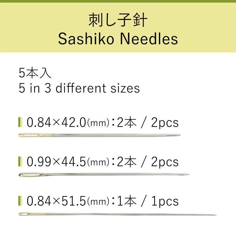 The image is a collection of 5 different sizes of sashiko needles, each with a corresponding size in millimeters and needles in millimeters. The sizes are 0.84, 0.91, 0.99, 0.84, and 0.84, respectively.