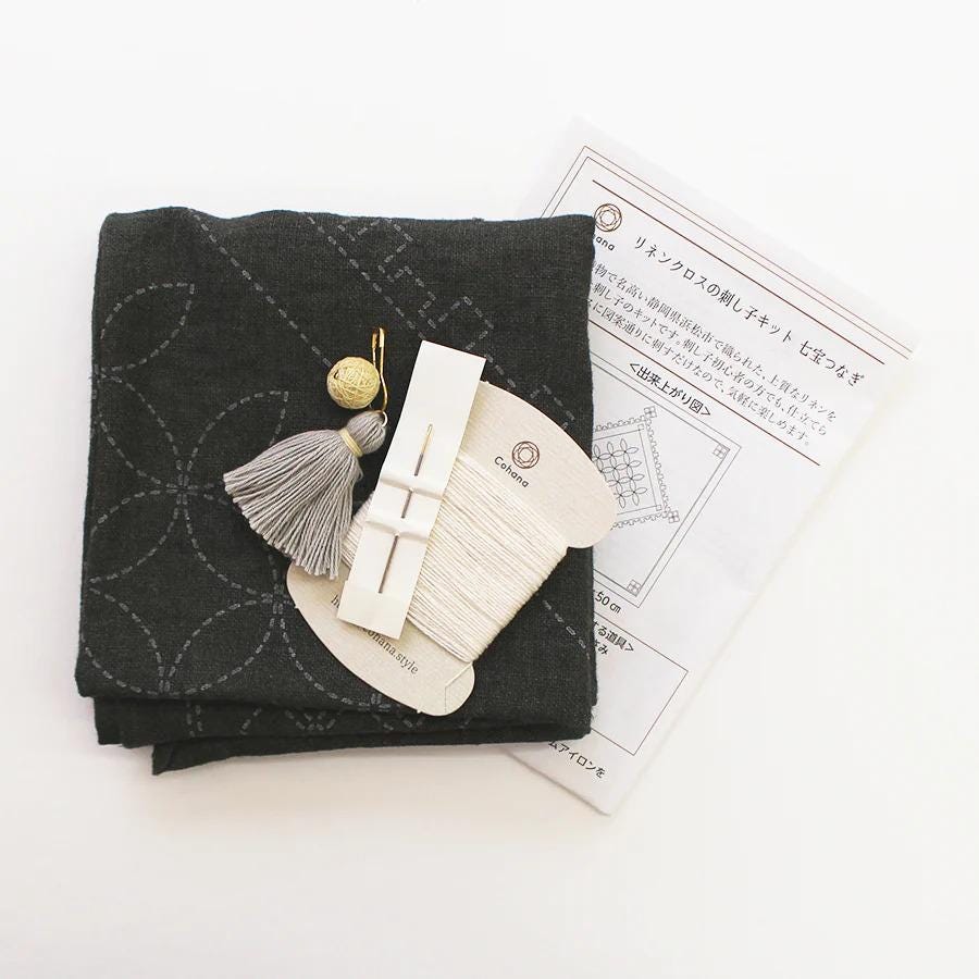 a sewing kit with various sewing tools and materials, including a spool of thread, a tassel, and a pattern or instructions booklet.