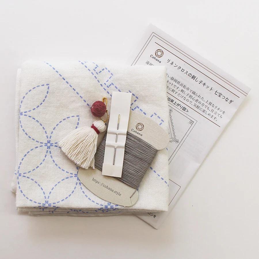 a sewing kit with various sewing tools and materials, including a white tassel, a spool of thread, and a piece of paper with instructions or information.
