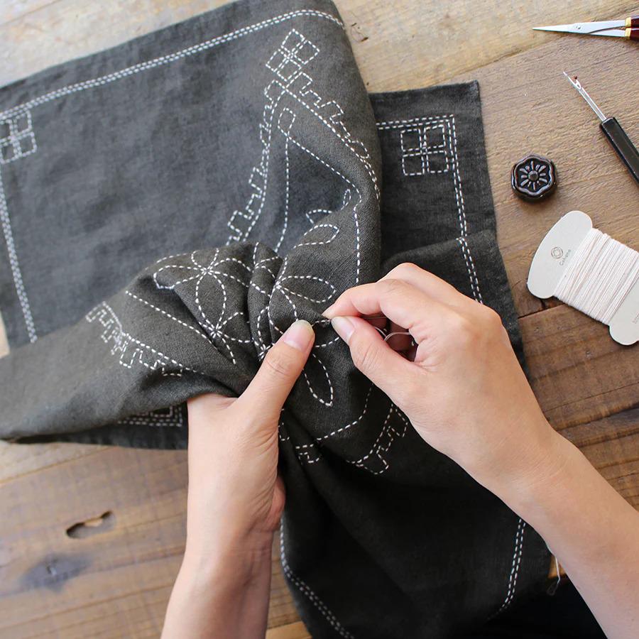 A person's hands are shown carefully sewing a piece of fabric with a needle and thread, surrounded by sewing tools and materials on a wooden surface.