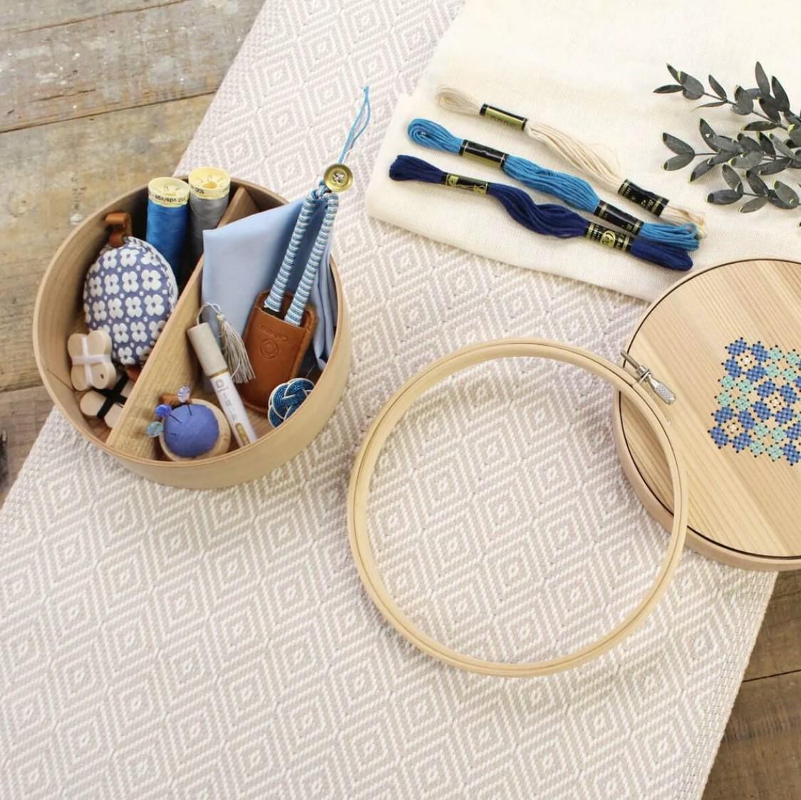 a variety of sewing and crafting supplies, including a wooden hoop, spools of thread, and other tools, arranged on a patterned fabric.