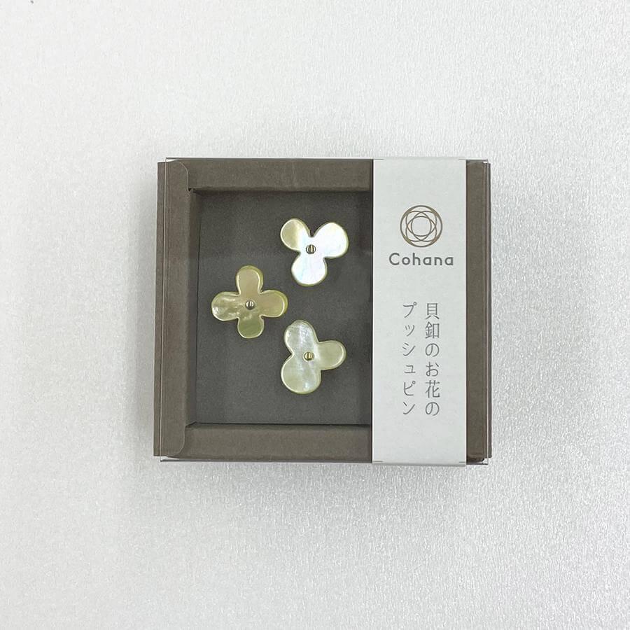 A small square box containing three white flower-shaped objects, with a label on the side that reads "Cohana" and Japanese text below it.