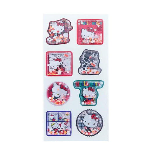 a collection of stickers featuring the character Hello Kitty, with various designs and colors.