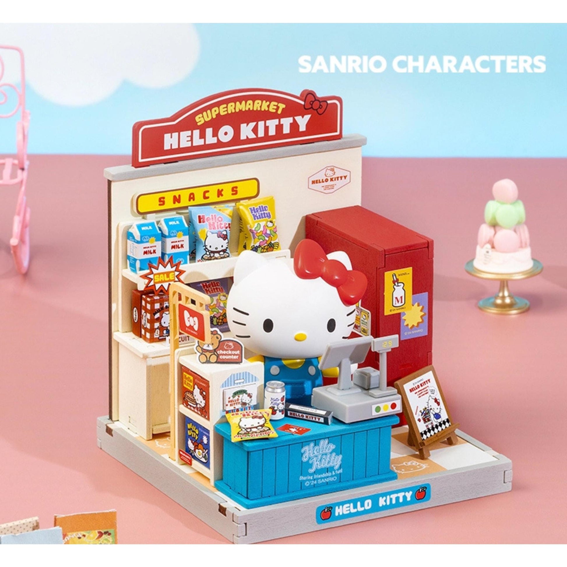 A Hello Kitty miniature supermarket scene with various Hello Kitty products and a checkout area.