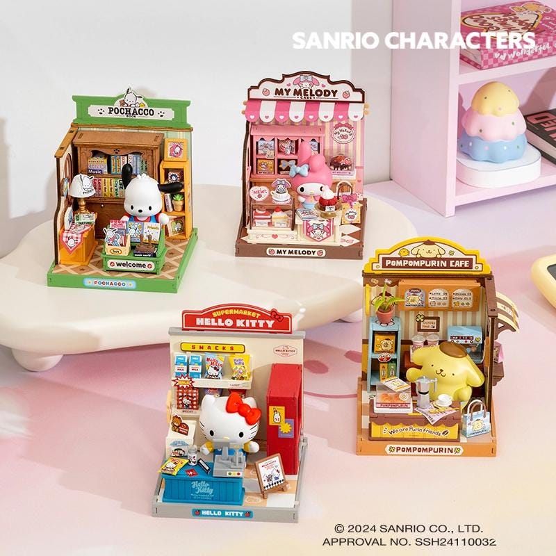 four small Hello Kitty figurines displayed on a table, each representing a different store or shop.