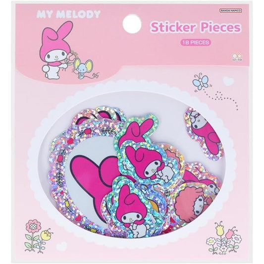 The image is a package of 18 stickers featuring the character My Melody from the Hello Kitty franchise. The stickers are pink and glittery, and they depict various scenes and poses associated with the character.
