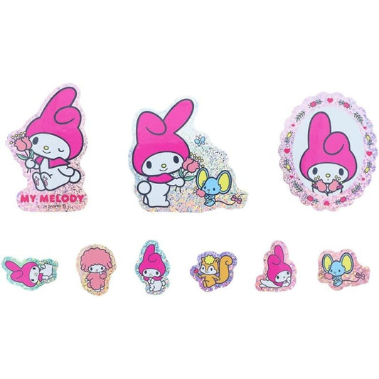 a collection of stickers featuring the character My Melody from the Hello Kitty franchise. The stickers depict My Melody in various poses and settings, such as holding flowers, interacting with other characters, and in different environments.