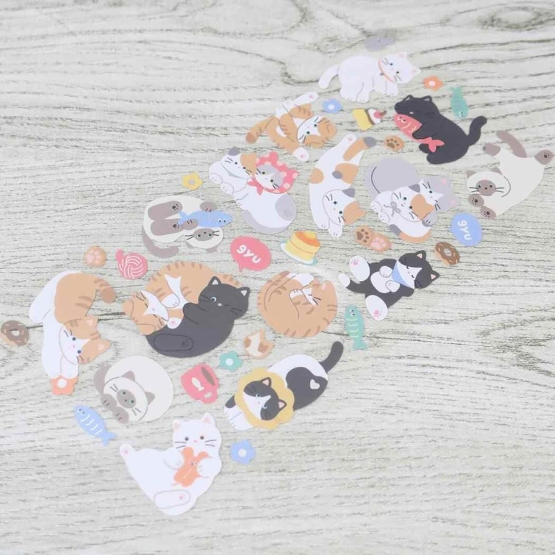 a collection of various cat-themed stickers and cutouts arranged on a wooden surface.