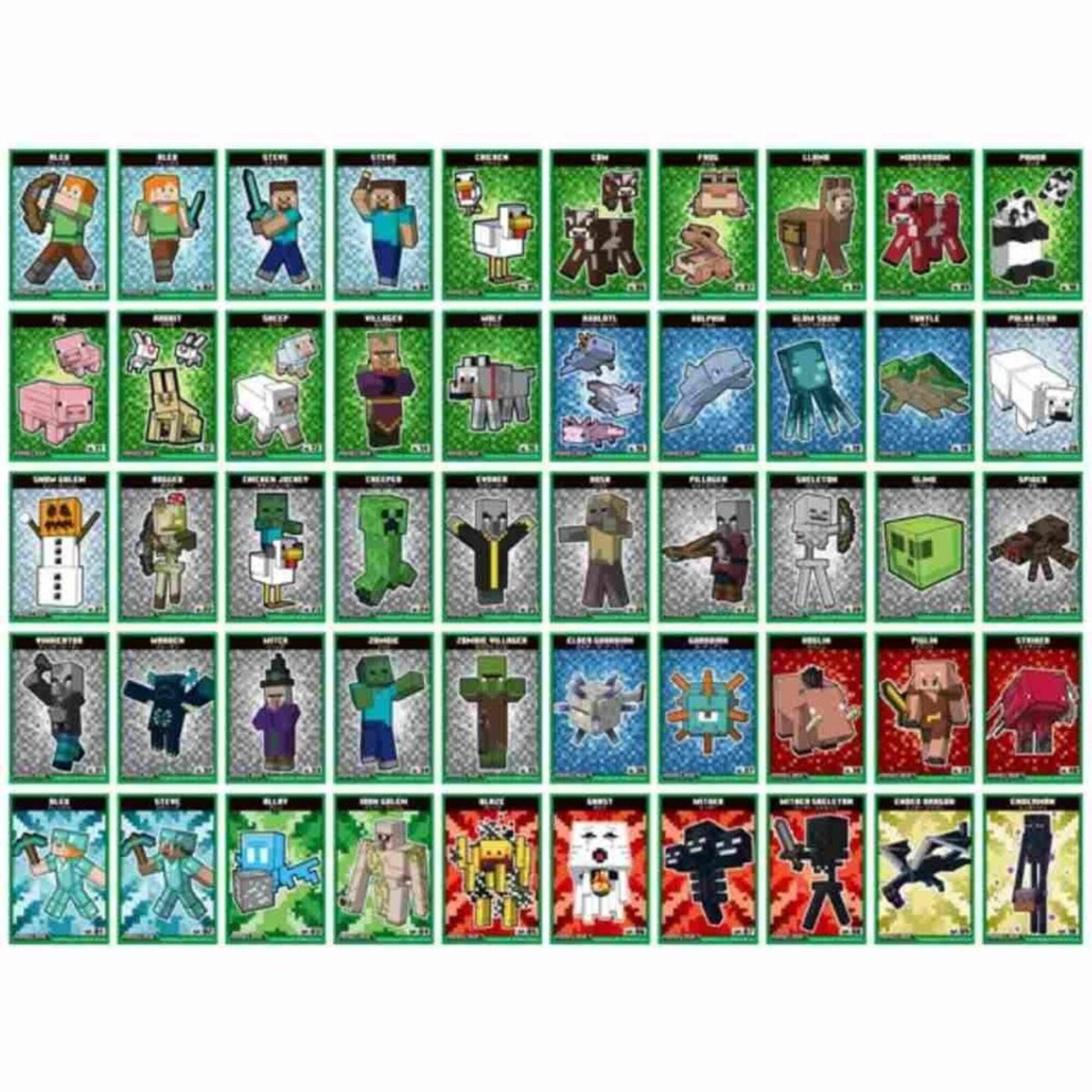 a grid of various Minecraft characters and elements, including animals, people, and objects, arranged in a visually appealing manner.