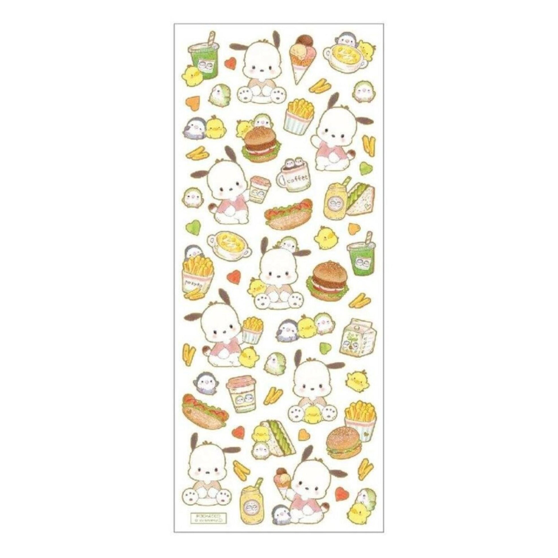 a repeating pattern of various cartoon-style illustrations of food items, such as hot dogs, hamburgers, sandwiches, and other fast food items, along with illustrations of animals and other objects. The overall theme appears to be a collage of different food-related images.