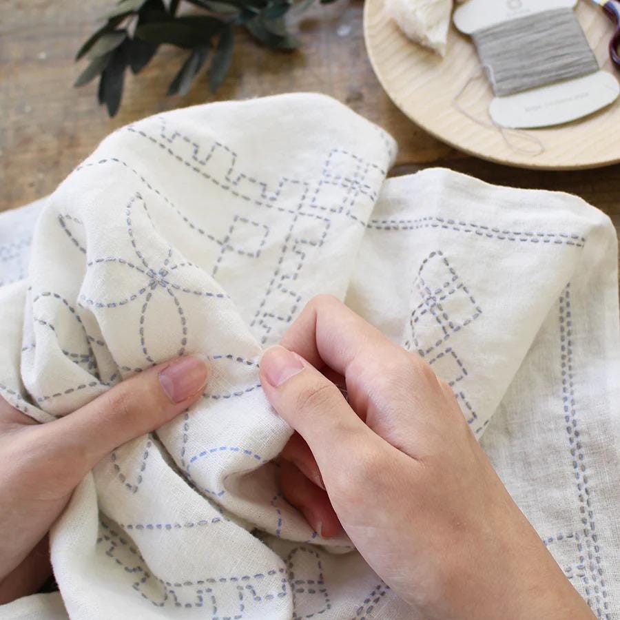 A person's hands are holding a piece of fabric with a patterned design, and there is a spool of thread and a plate of thread in the background.