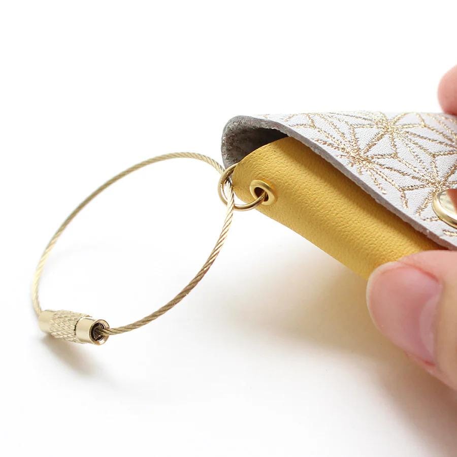 A hand holding a gold-colored keychain with a floral pattern.