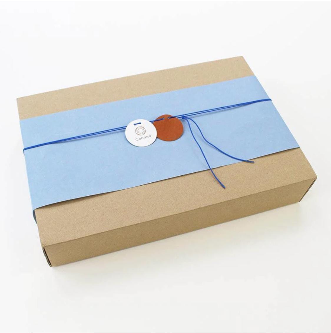 A brown cardboard box with a blue ribbon tied around it, and a white circular tag with a red dot in the center.