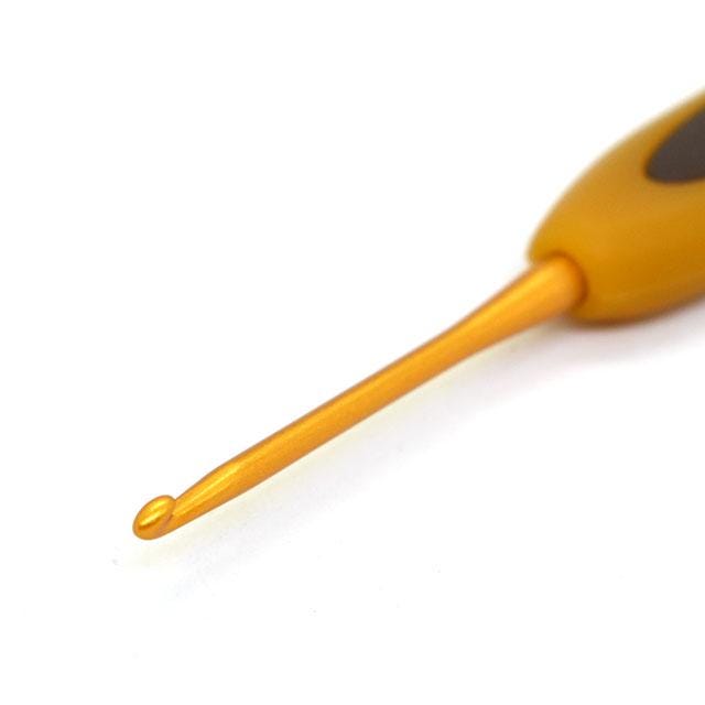 A yellow crochet hook with a black tip is shown against a white background.
