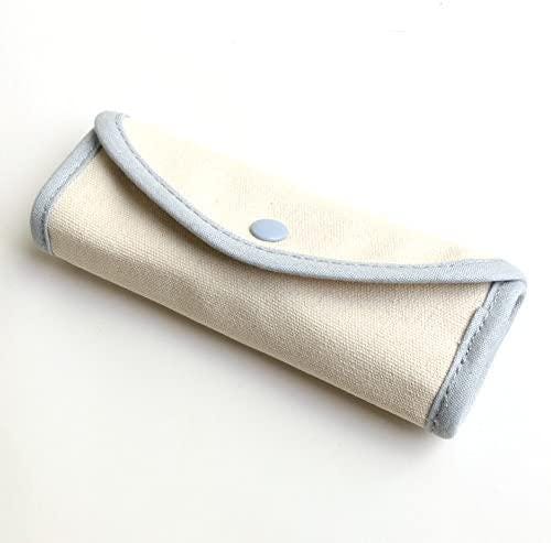 A beige and blue fabric pouch or case with a button closure, placed on a white background.