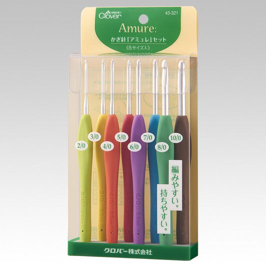 A package containing six different colored crochet hooks, each labeled with a number and color.