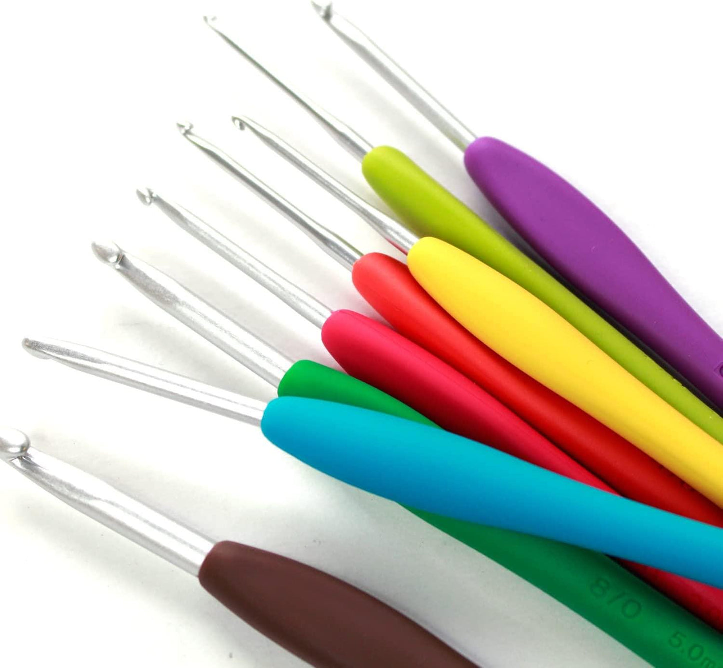 A collection of colorful crochet hooks arranged on a white background.