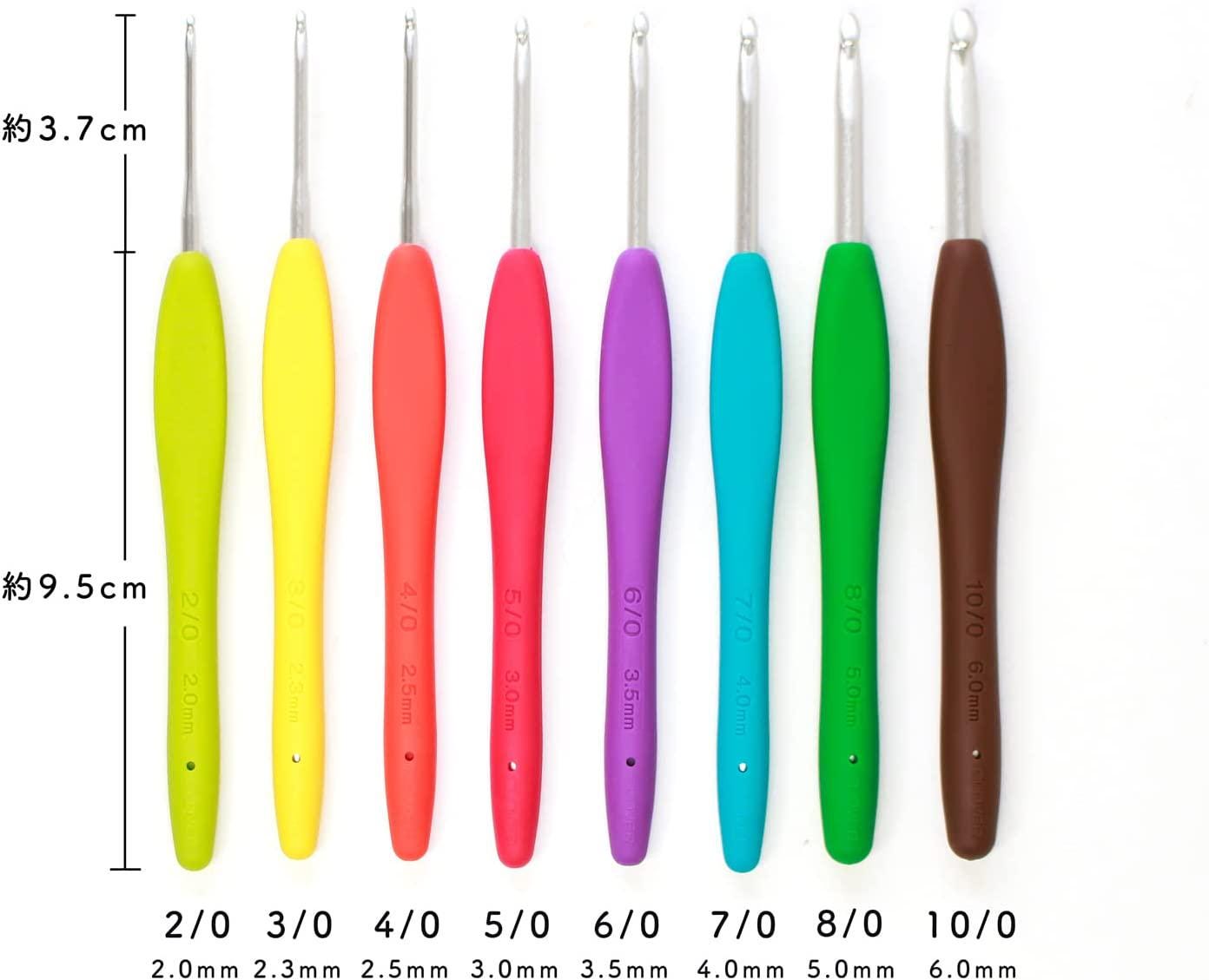 A collection of crochet hooks in various colors, including yellow, green, red, purple, blue, and brown.