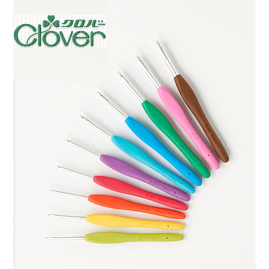 A collection of colorful crochet hooks arranged in a fan-like pattern against a white background.