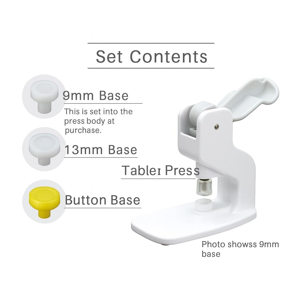 a set of three different bases for a press, including a 9mm base, a 13mm base, and a button base. The photo displays the 9mm base, which is set into the press body at the purchase.