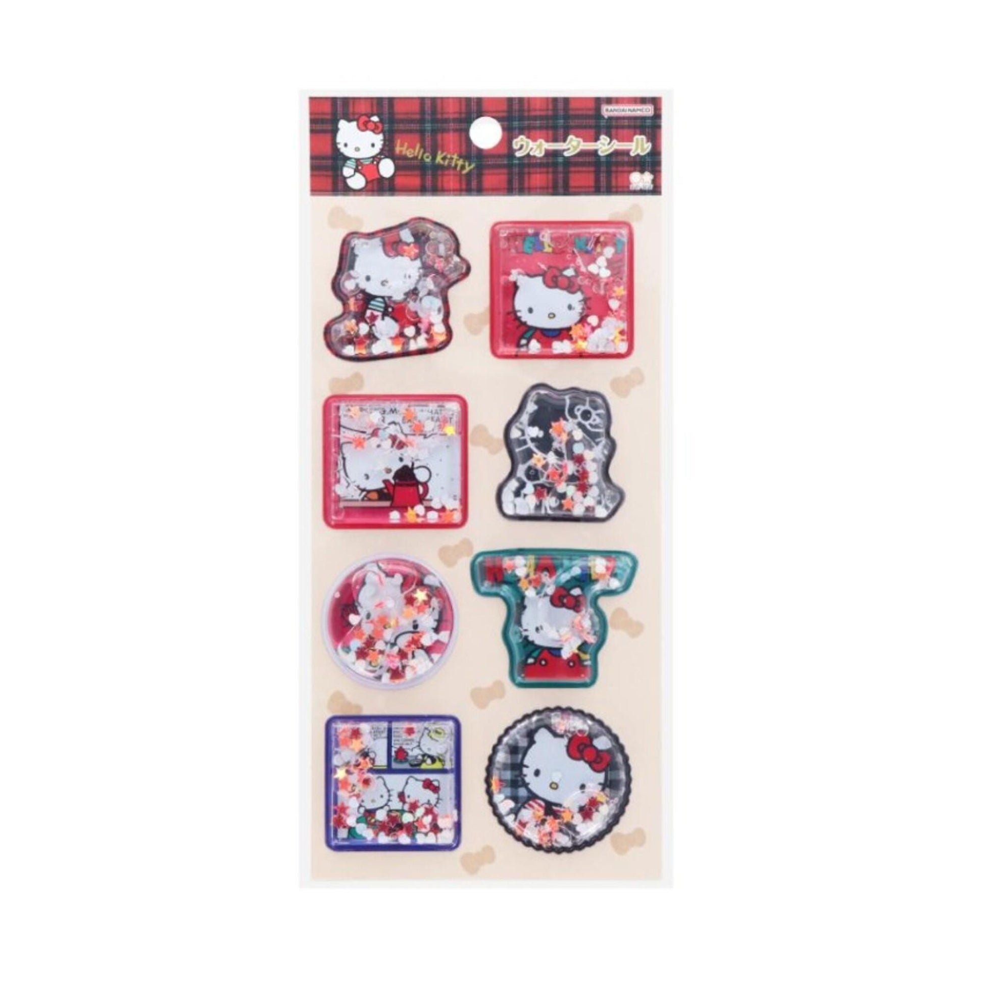 a collection of stickers featuring the character Hello Kitty, with various designs and patterns.