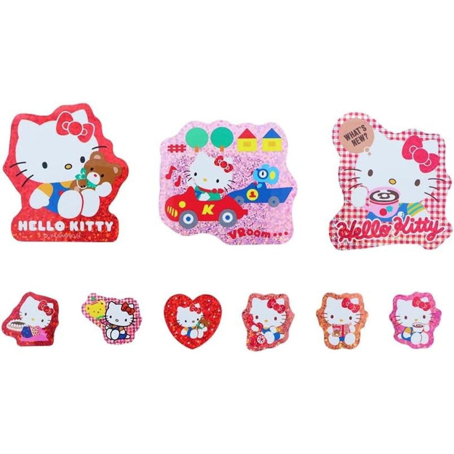 a collection of Hello Kitty stickers, featuring various designs and illustrations of the popular character.