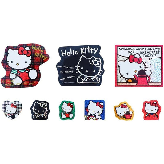 a collection of stickers featuring the character Hello Kitty. The stickers include various designs and illustrations of Hello Kitty, such as her in different poses and settings.