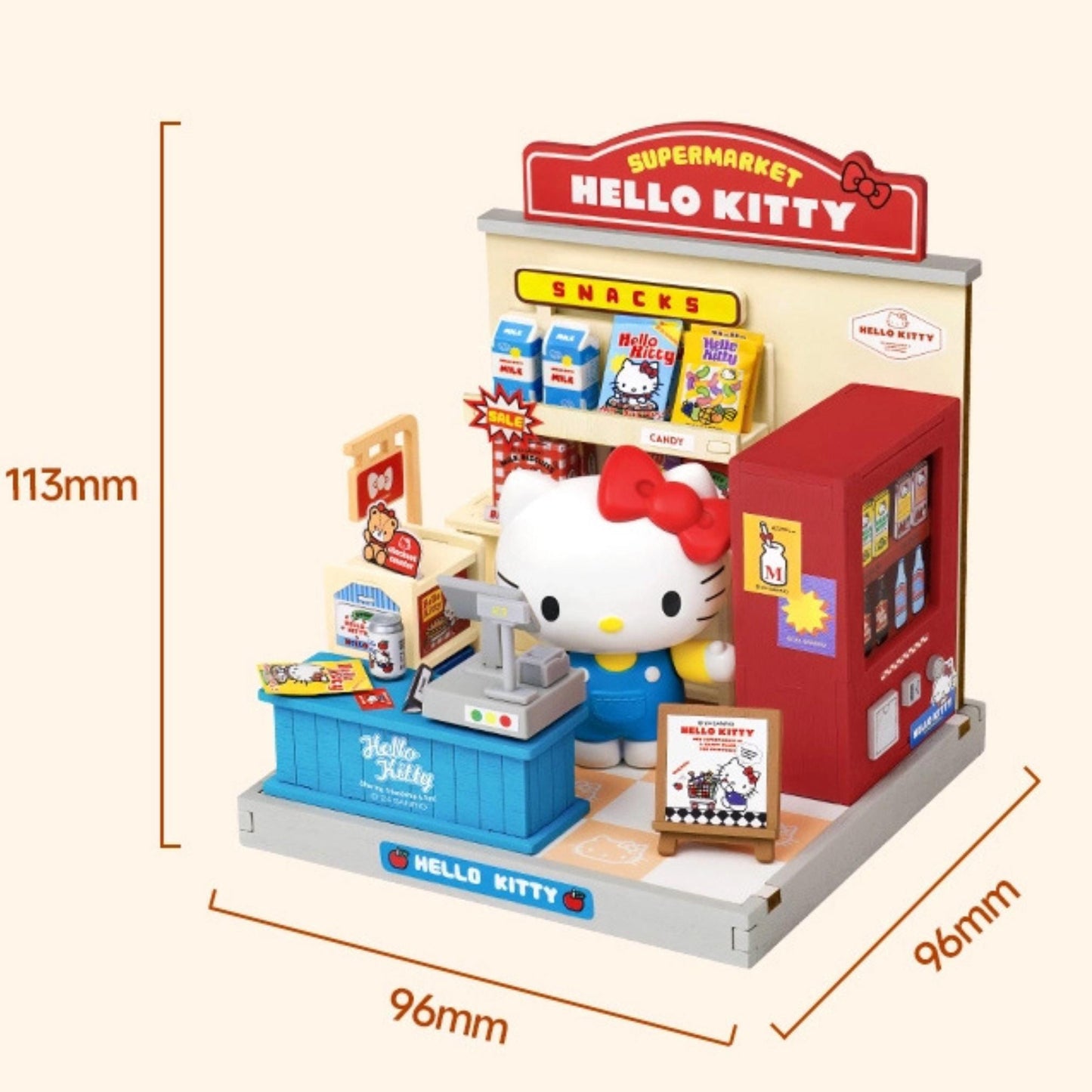 Hello Kitty miniature supermarket scene with a Hello Kitty cash register, shelves of snacks, and a Hello Kitty toy figure.