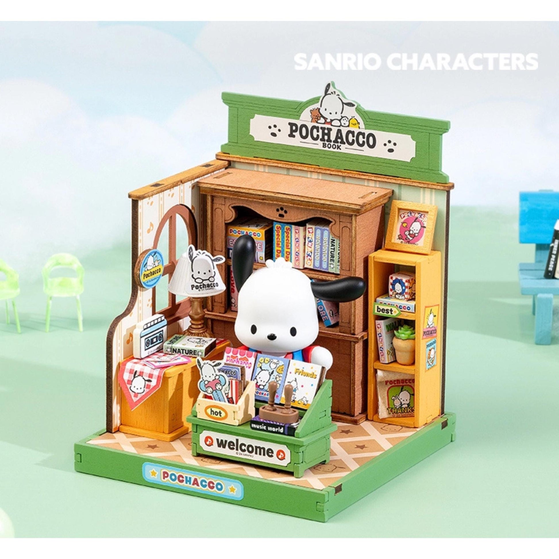 A miniature toy shop called "Pochacco Book" with a small dog figurine sitting in the front. The shop has a green and white color scheme and features various books and other items, such as a lamp and a chair.