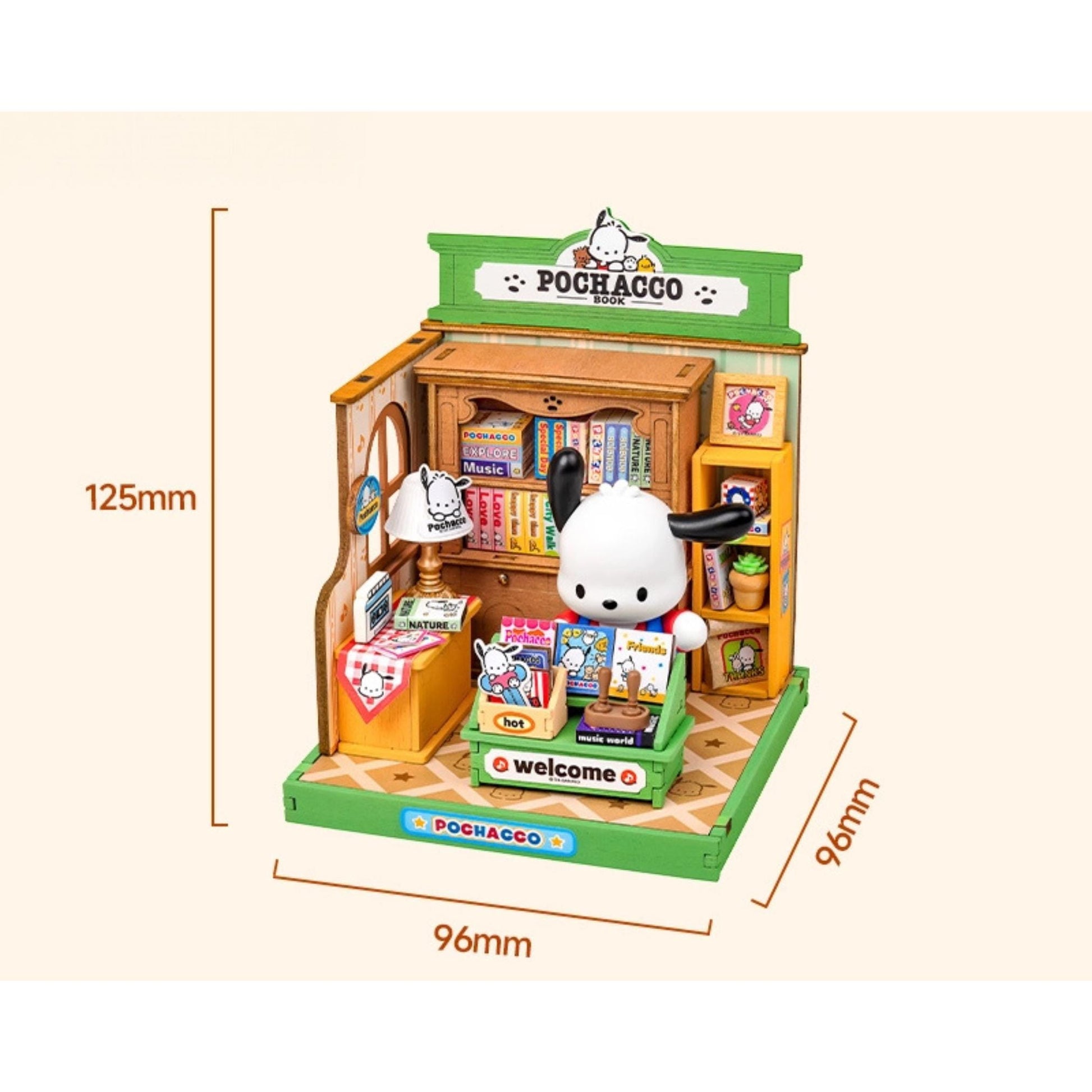 A miniature toy store called "Pochacco" with a small dog figurine inside, surrounded by books and other toys.