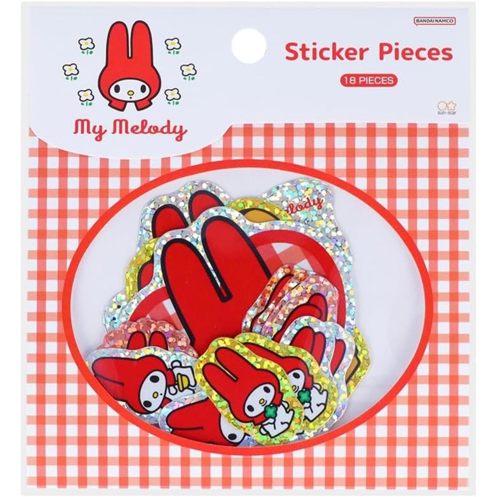 The image is a package of 18 stickers featuring the character My Melody from the Hello Kitty franchise. The stickers are arranged in a circular pattern, with the character's face prominently displayed on each one.