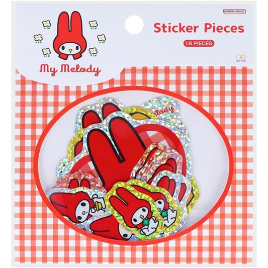 The image is a package of 18 stickers featuring the character My Melody from the Hello Kitty franchise. The stickers are arranged in a circular pattern, with the character's face prominently displayed on each one.