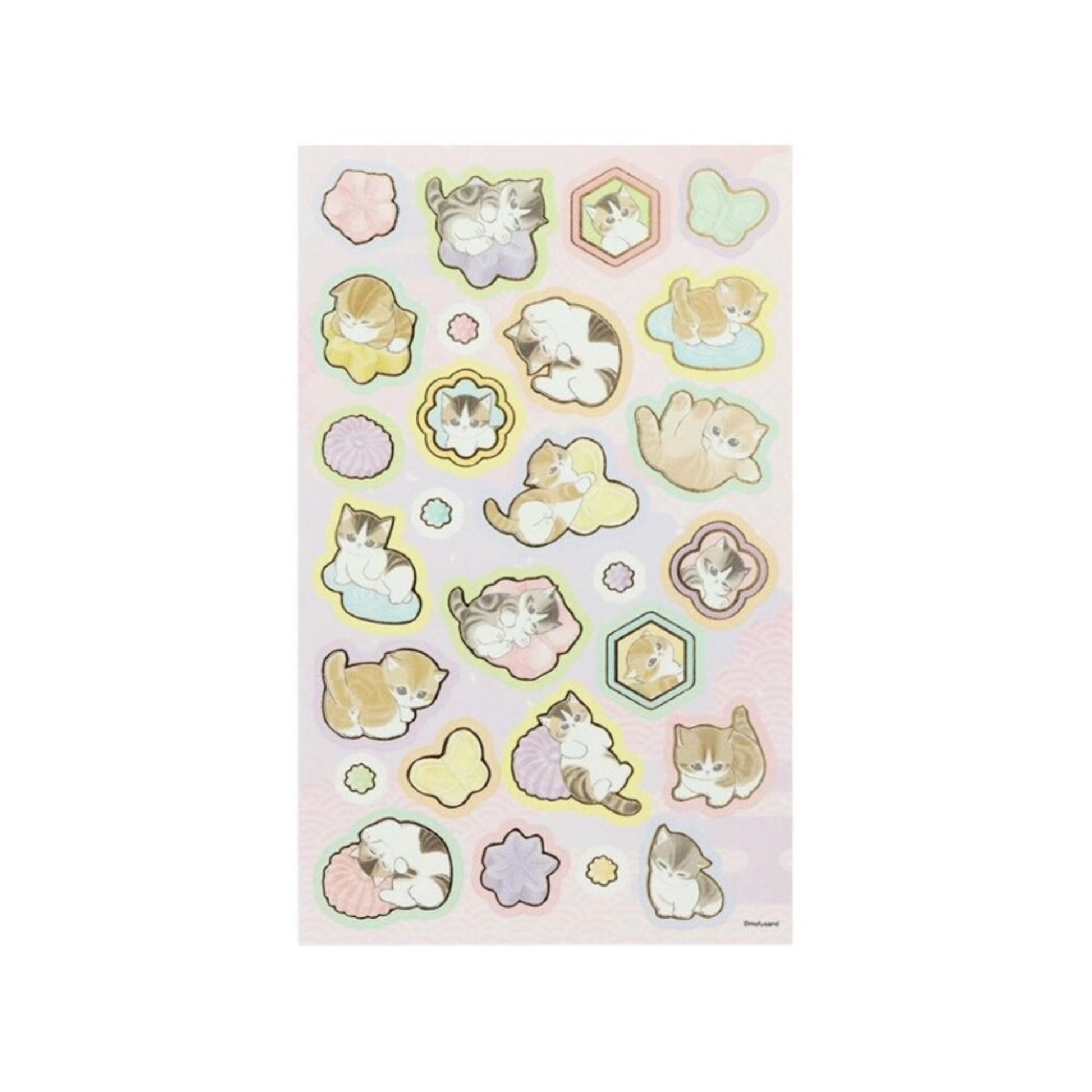 a collection of cartoon-style cat stickers arranged in a grid-like pattern. The stickers depict various cats in different poses and expressions, creating a playful and whimsical scene.
