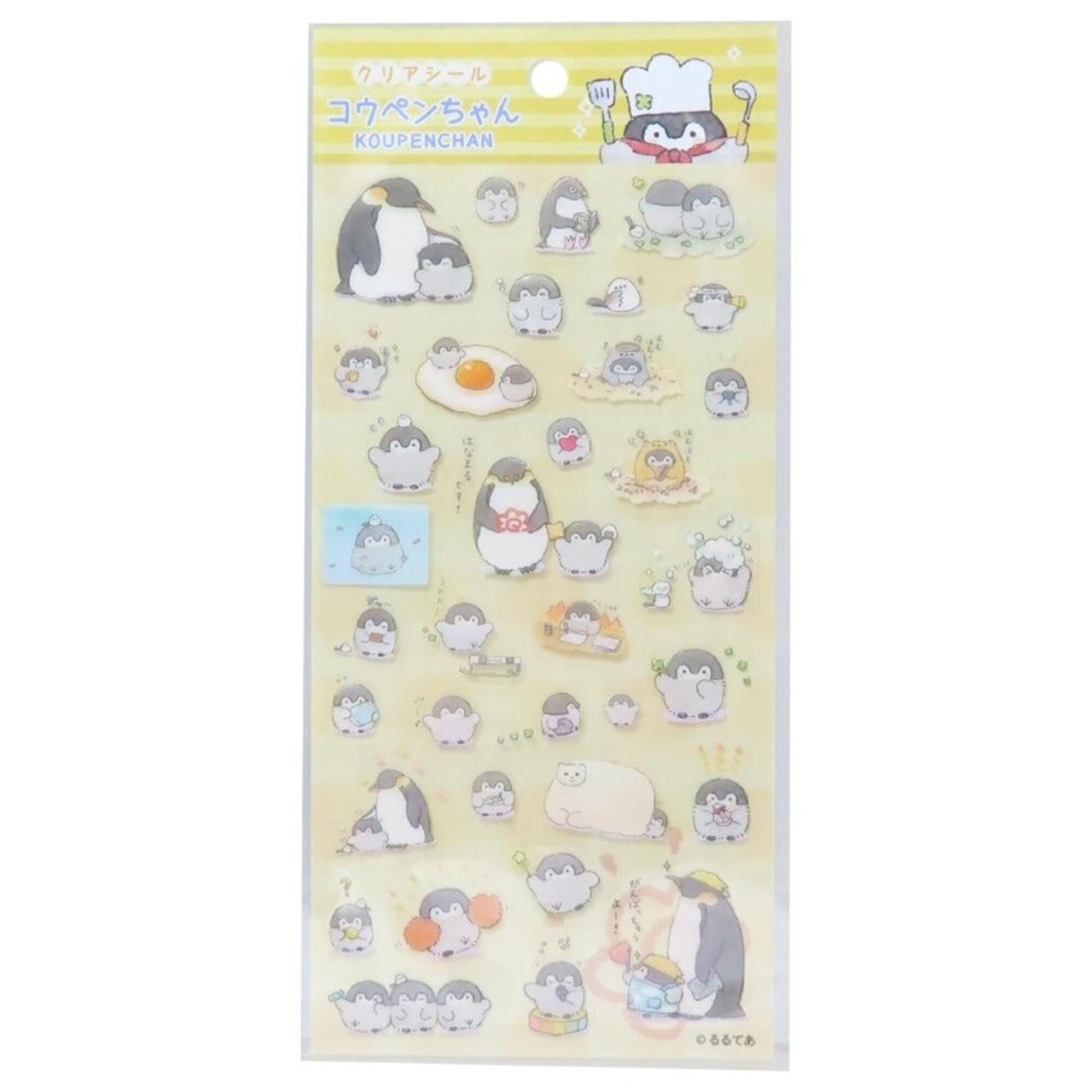 a variety of cartoon penguin stickers, including both adult penguins and baby penguins, arranged in a playful and colorful manner.