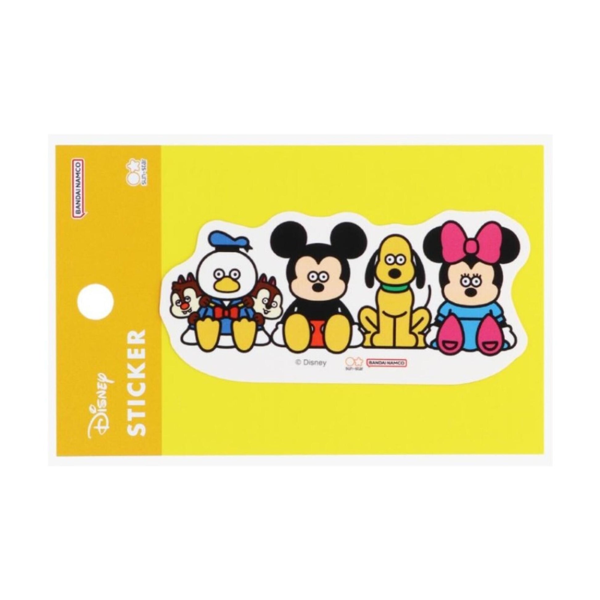 A sticker featuring the Disney characters Mickey Mouse, Minnie Mouse, Donald Duck, and Pluto, all sitting together on a yellow background.