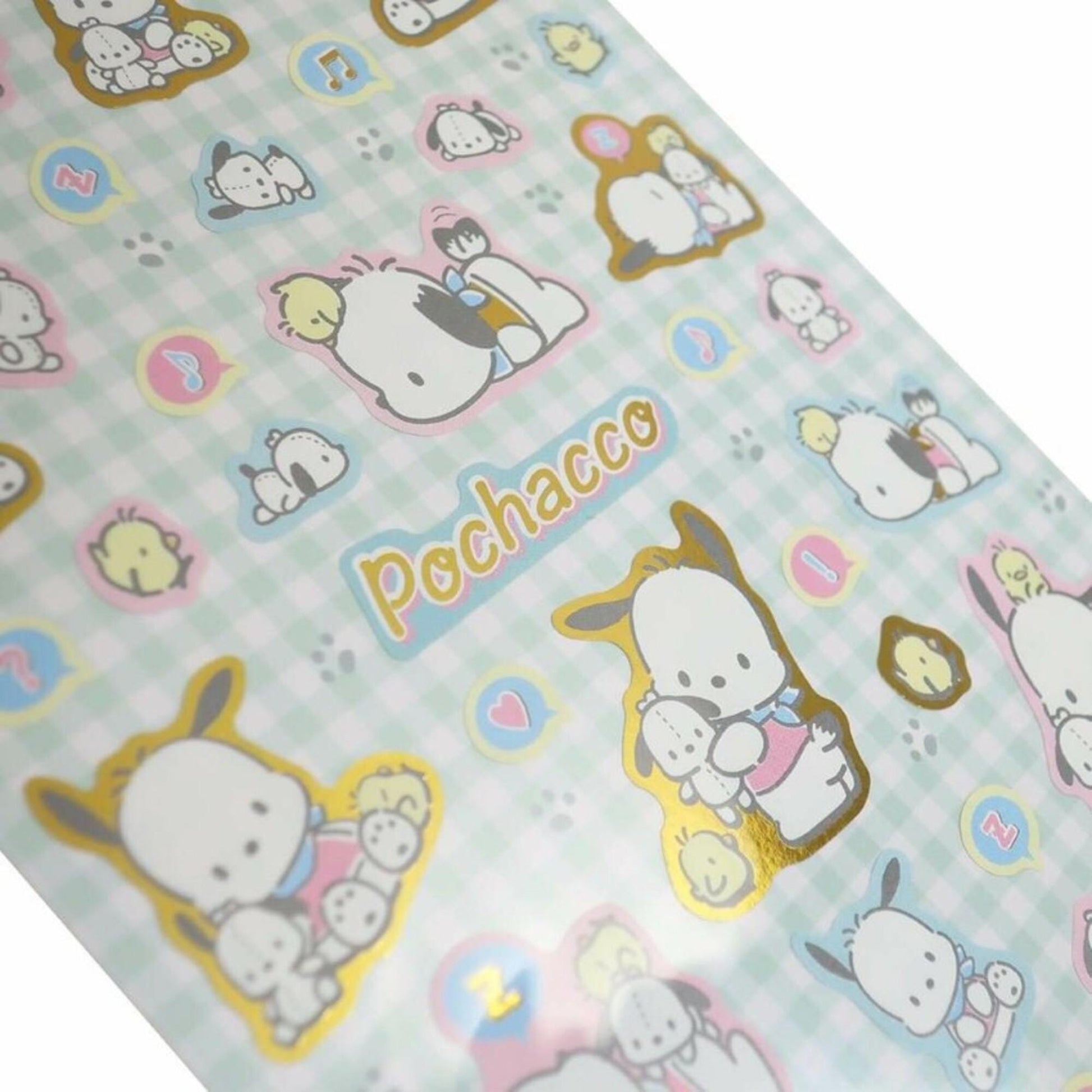 a repeating pattern of cartoon-style characters, including a dog, a cat, and other animals, along with the text "Pochacoo".