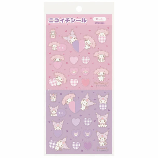 a collection of stickers featuring various cartoon-style characters, including a cat, a dog, and other animals, along with hearts and plaid patterns. The stickers are arranged in a grid-like pattern, creating a visually appealing and colorful display.