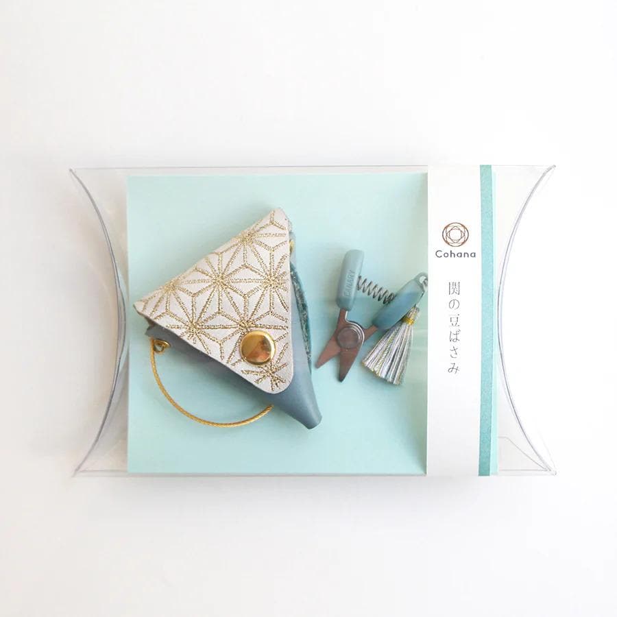 A small, light blue, geometric-patterned purse with a gold button, placed on a light blue background.