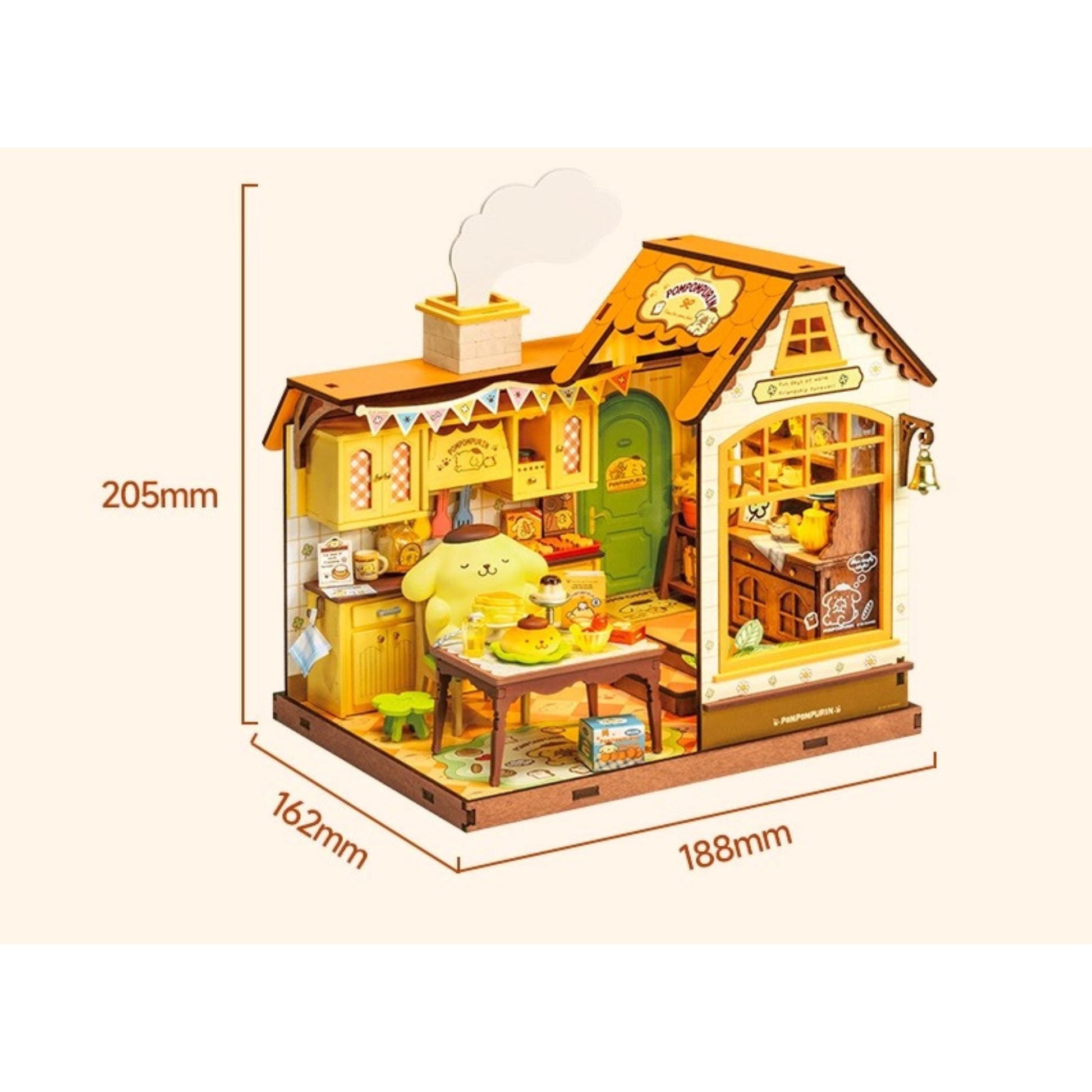 A colorful toy kitchen set with a yellow and orange theme, featuring a small table, chairs, and various kitchen accessories.