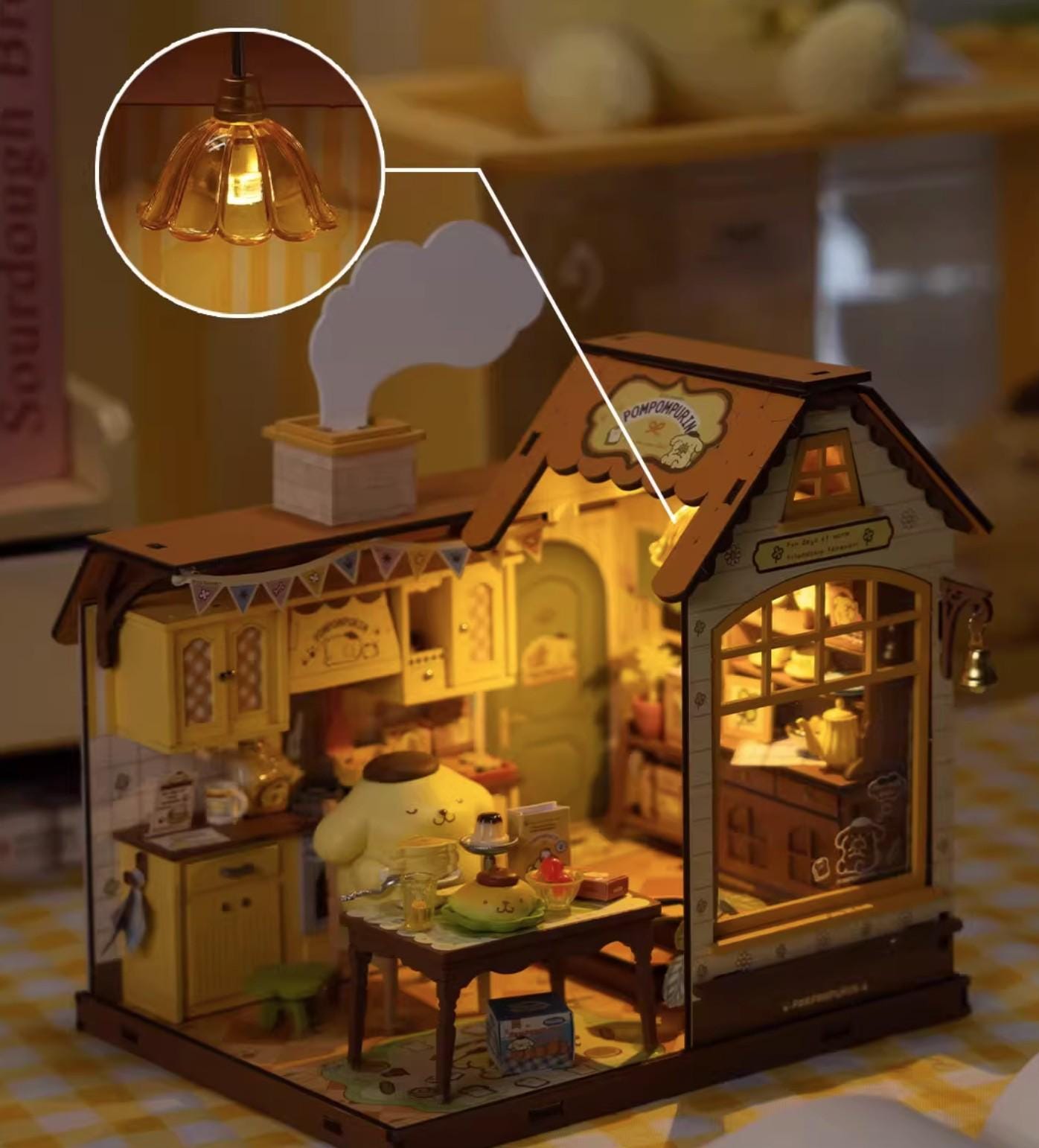 A miniature wooden dollhouse with a cozy kitchen scene, featuring a yellow dog sitting at a table with various items on it.