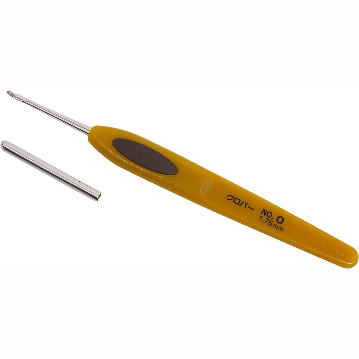 A yellow crochet hook with a black handle and a silver hook attached to it, lying on a white background.