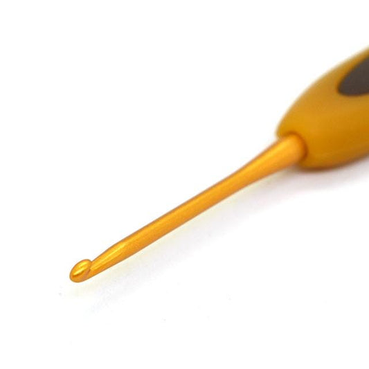 A yellow crochet hook with a black tip is shown against a white background.