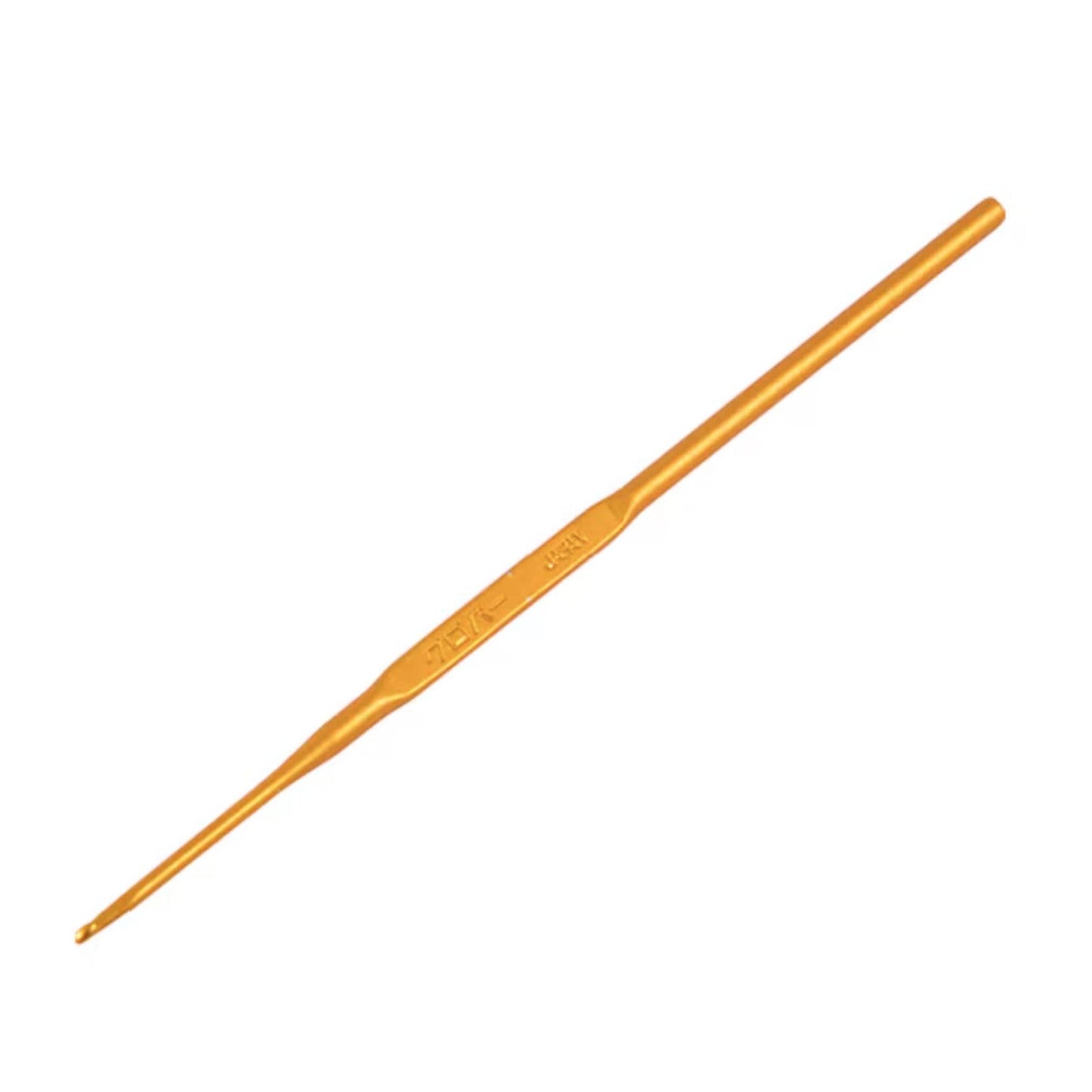 A single crochet hook with a gold-colored metal head and a straight, elongated handle.