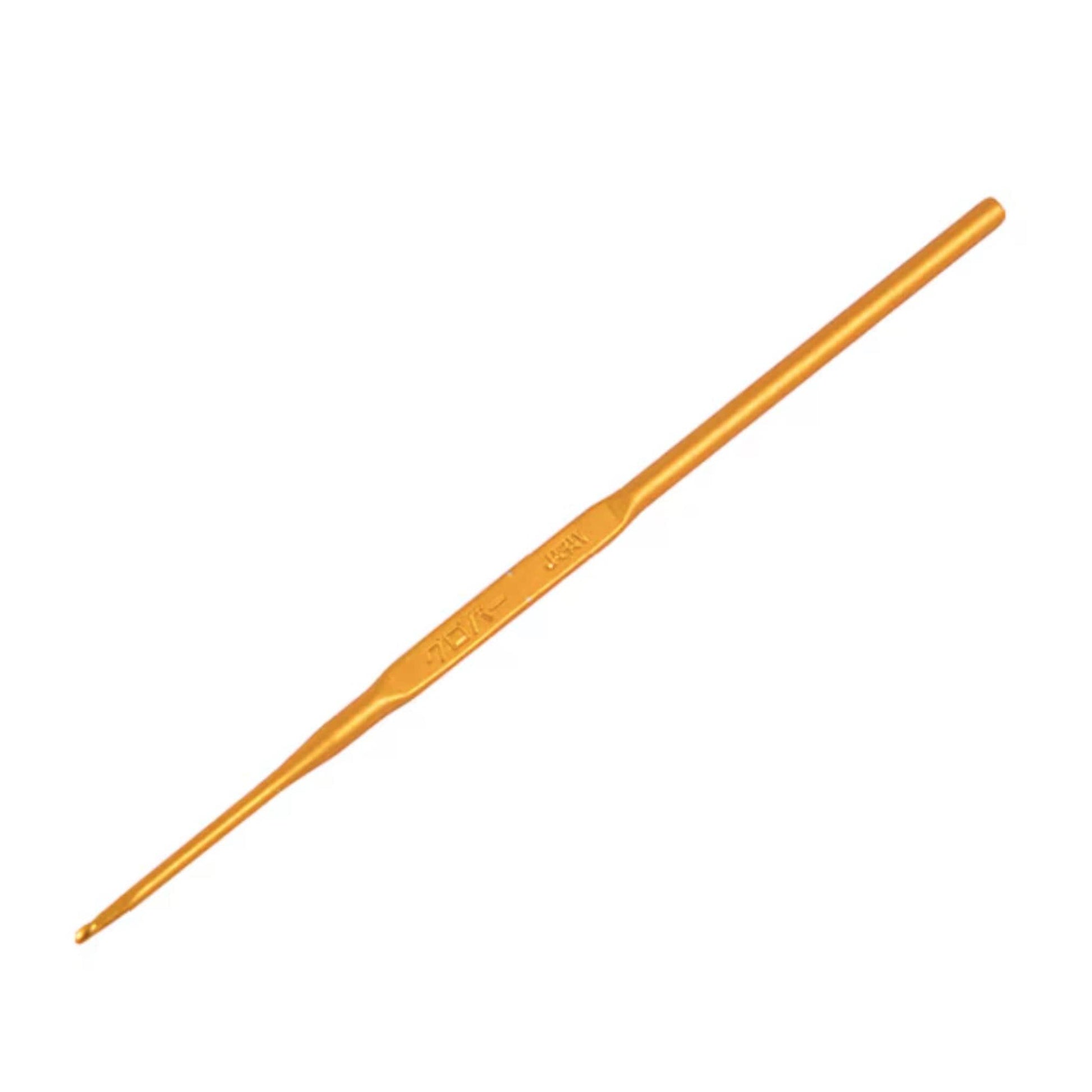A single crochet hook with a gold-colored metal head and a straight, elongated handle.